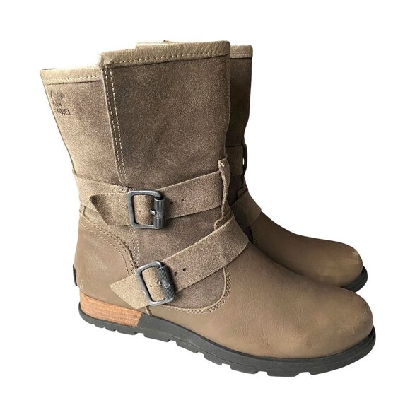 Sorel Major‎ Moto Boot Sz 6.5 Leather Suede Foldover Buckles Pebble Dark Fog - Picture 1 of 13